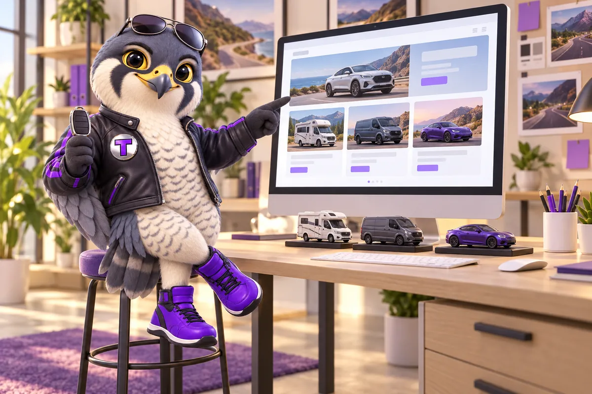 Tarmac, the falcon mascot, sitting on a studio stool and pointing at a large monitor that shows a fleet website with a car, campervan, van and coupe, with model vehicles on the desk.
