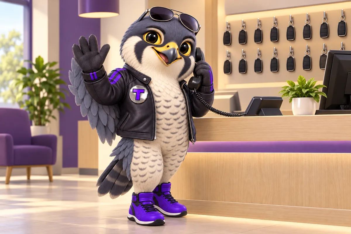 Tarmac, the falcon mascot, waving while holding a phone handset at a rental service counter with a wall of key fobs behind him.