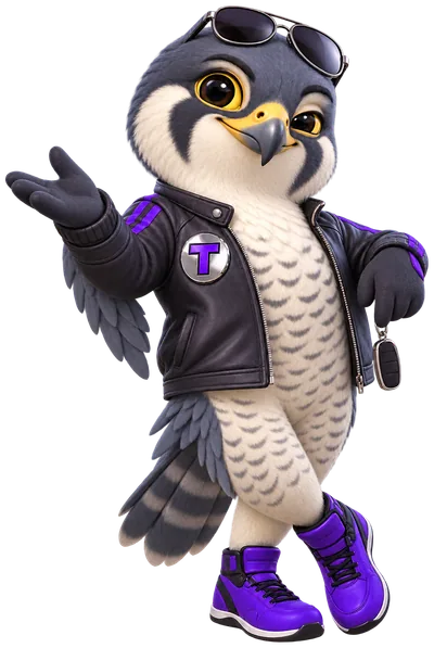 Tarmac, the RentalWebStudio falcon mascot, leaning on the example fleet site card and presenting it with a wink, key fob in hand.