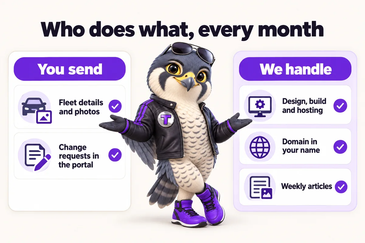 Infographic with Tarmac, the RentalWebStudio falcon mascot: Who does what, every month. You send: Fleet details and photos, Change requests in the portal. We handle: Design, build and hosting, Domain in your name, Weekly articles.