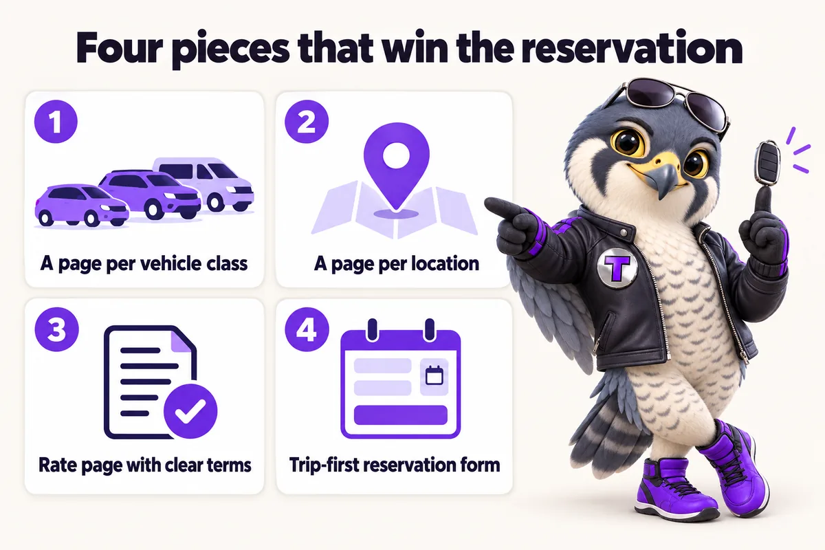 Infographic with Tarmac, the RentalWebStudio falcon mascot: Four pieces that win the reservation. 1, A page per vehicle class. 2, A page per location. 3, Rate page with clear terms. 4, Trip-first reservation form.