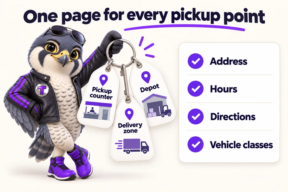 Infographic with Tarmac, the RentalWebStudio falcon mascot: One page for every pickup point. Pickup counter. Depot. Delivery zone. Each page carries: Address, Hours, Directions, Vehicle classes.