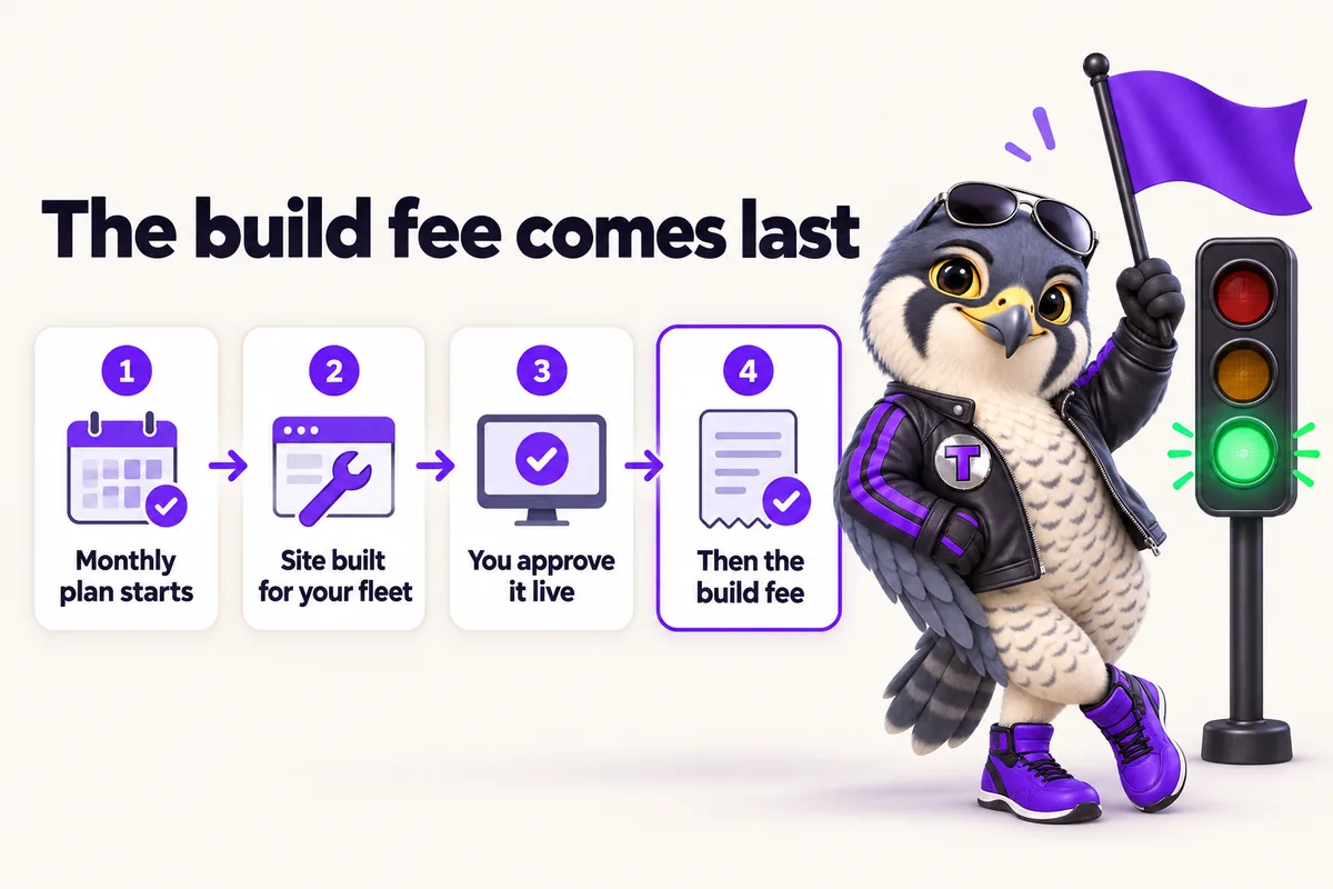 Infographic with Tarmac, the RentalWebStudio falcon mascot: The build fee comes last. Monthly plan starts. Site built for your fleet. You approve it live. Then the build fee.