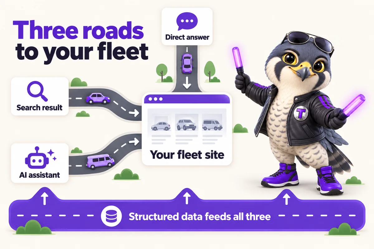 Infographic with Tarmac, the RentalWebStudio falcon mascot: Three roads to your fleet. Search result. Direct answer. AI assistant. All three lead to Your fleet site. Structured data feeds all three.