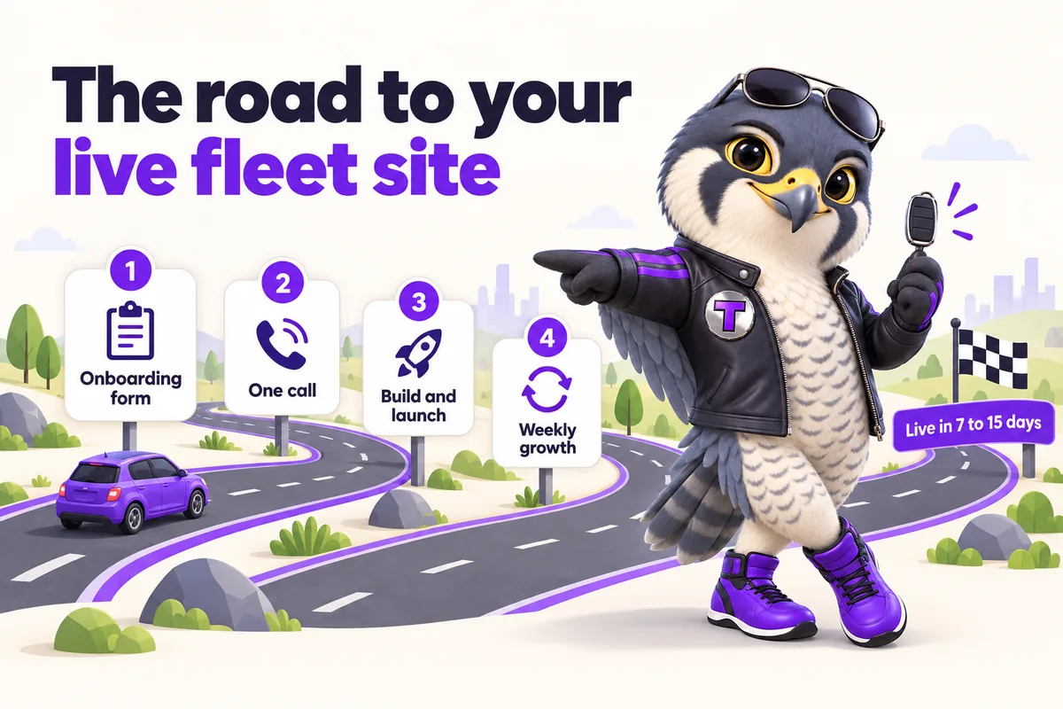 Infographic with Tarmac, the RentalWebStudio falcon mascot: The road to your live fleet site. 1, Onboarding form. 2, One call. 3, Build and launch. 4, Weekly growth. Finish: Live in 7 to 15 days.