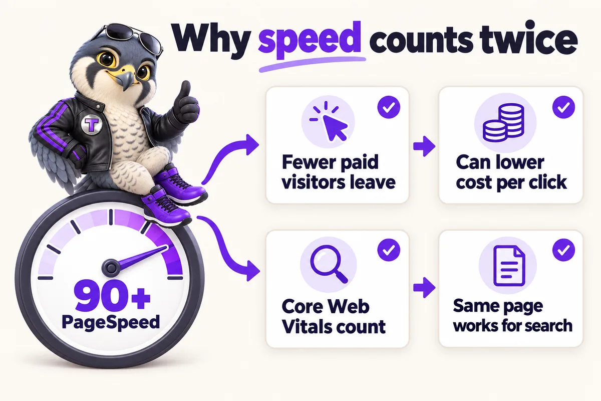 Infographic with Tarmac, the RentalWebStudio falcon mascot: Why speed counts twice. 90+ PageSpeed. Paid clicks: Fewer paid visitors leave, so it can lower cost per click. Search: Core Web Vitals count, so the same page works for search.
