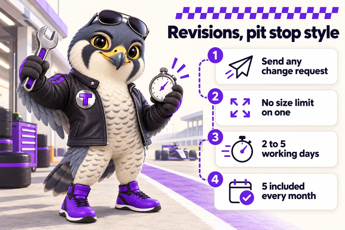 Infographic with Tarmac, the RentalWebStudio falcon mascot: Revisions, pit stop style. 1, Send any change request. 2, No size limit on one. 3, 2 to 5 working days. 4, 5 included every month.
