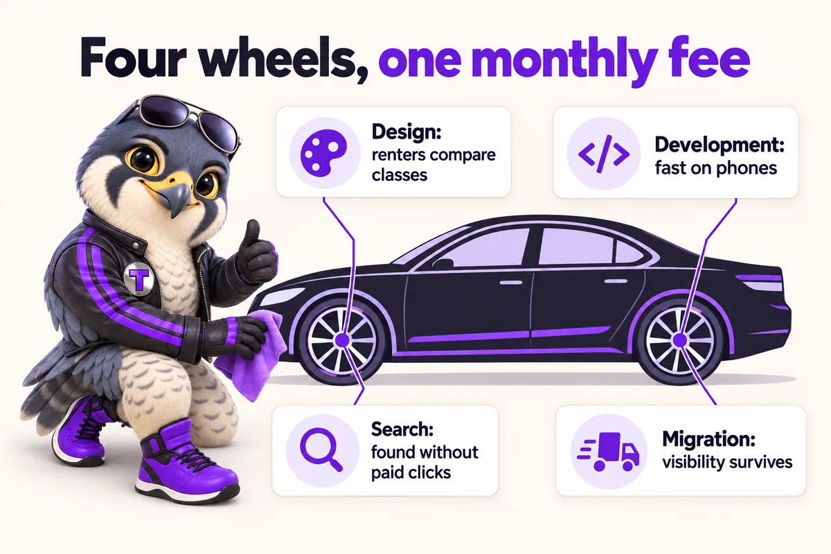 Infographic with Tarmac, the RentalWebStudio falcon mascot: Four wheels, one monthly fee. Design: renters compare classes. Development: fast on phones. Search: found without paid clicks. Migration: visibility survives.
