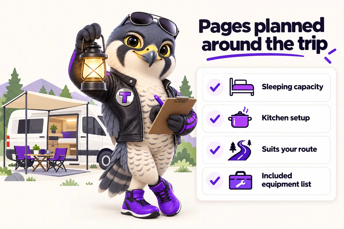 Infographic with Tarmac, the RentalWebStudio falcon mascot: Pages planned around the trip. Sleeping capacity. Kitchen setup. Suits your route. Included equipment list.