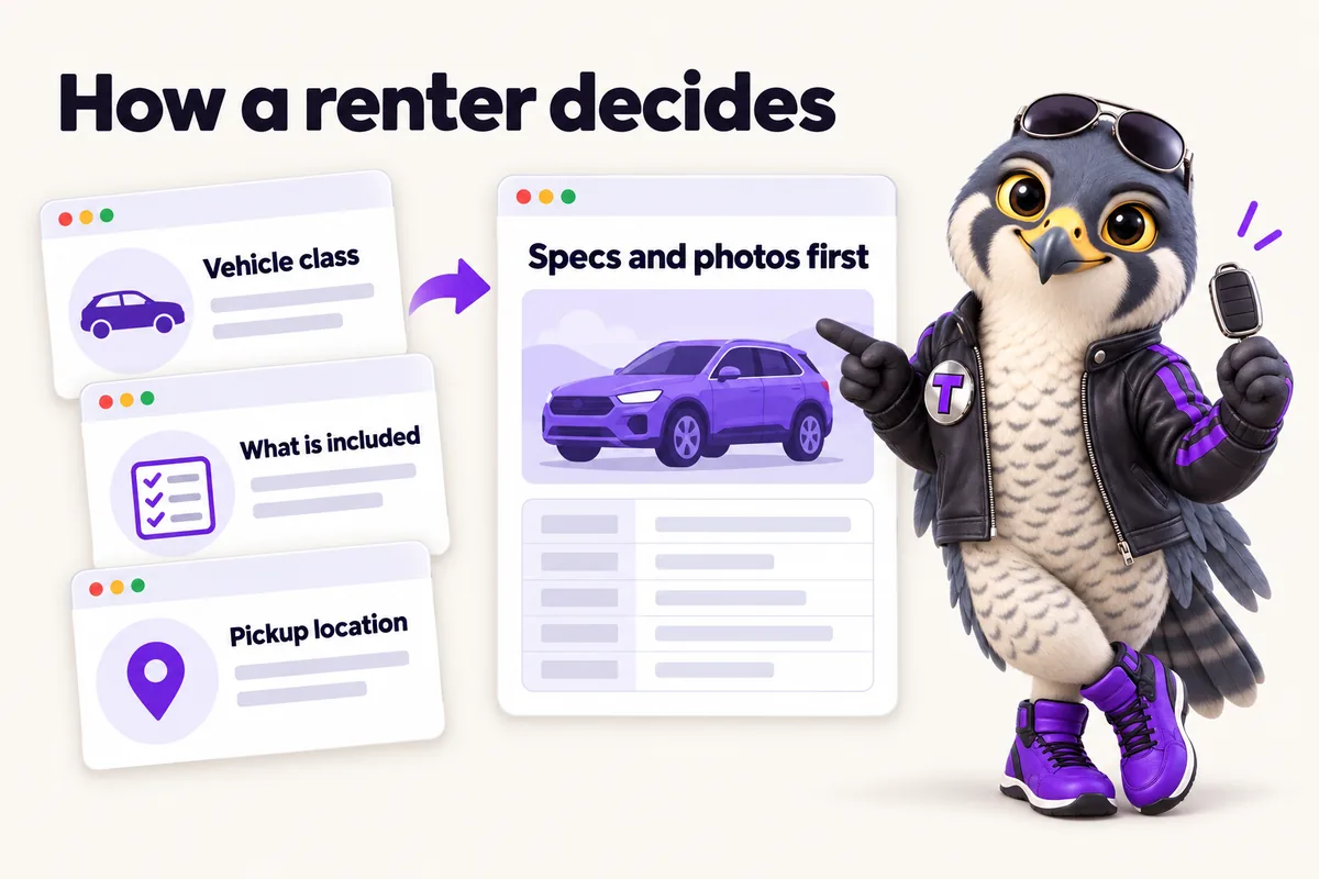 Infographic with Tarmac, the RentalWebStudio falcon mascot: How a renter decides. Vehicle class. What is included. Pickup location. Then one class page: Specs and photos first.