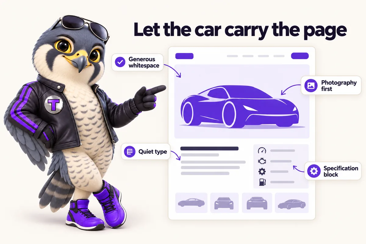 Infographic with Tarmac, the RentalWebStudio falcon mascot: Let the car carry the page. Generous whitespace. Quiet type. Photography first. Specification block.