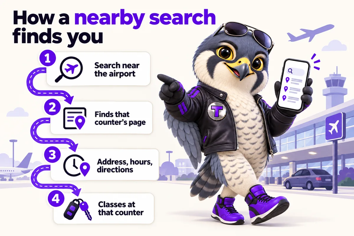 Infographic with Tarmac, the RentalWebStudio falcon mascot: How a nearby search finds you. 1, Search near the airport. 2, Finds that counter's page. 3, Address, hours, directions. 4, Classes at that counter.