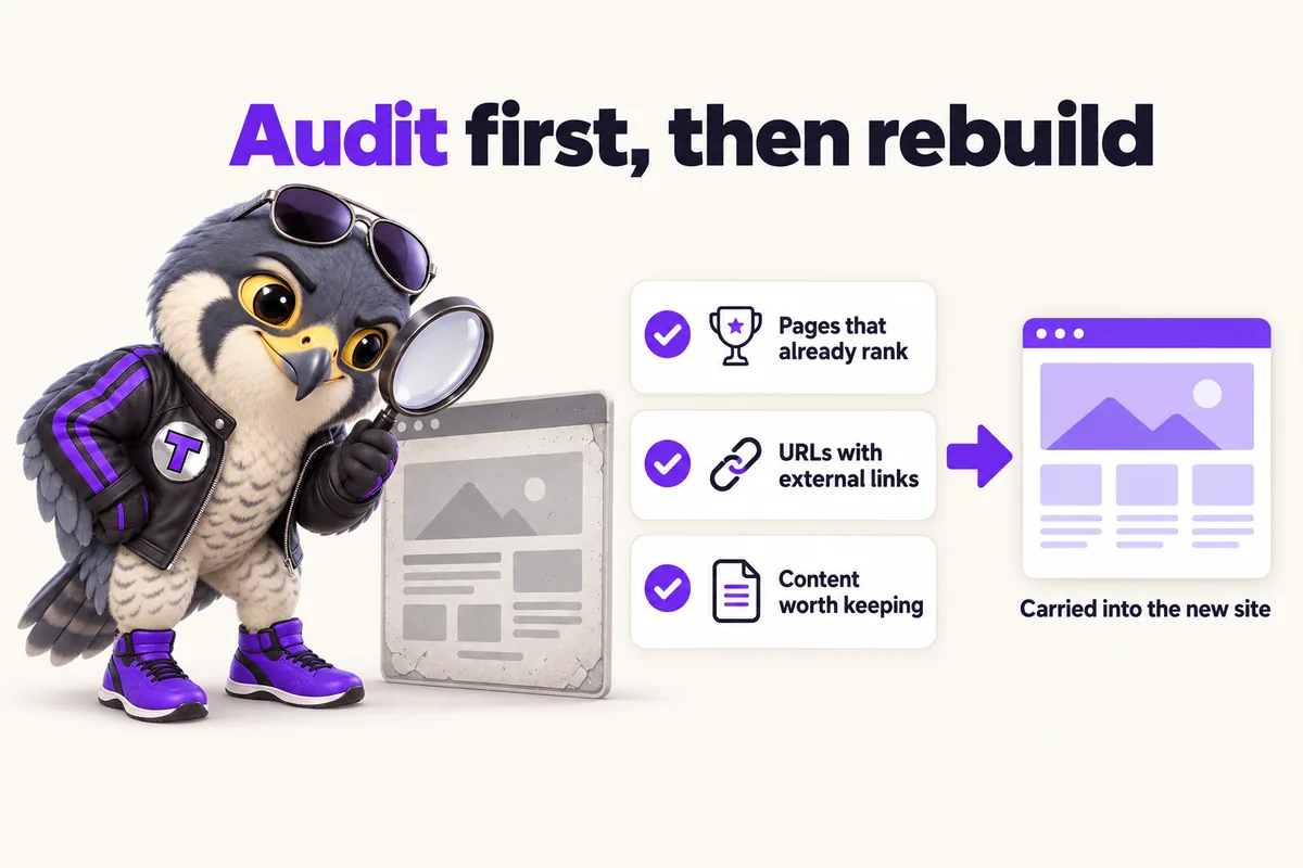 Infographic with Tarmac, the RentalWebStudio falcon mascot: Audit first, then rebuild. Pages that already rank. URLs with external links. Content worth keeping. Carried into the new site.