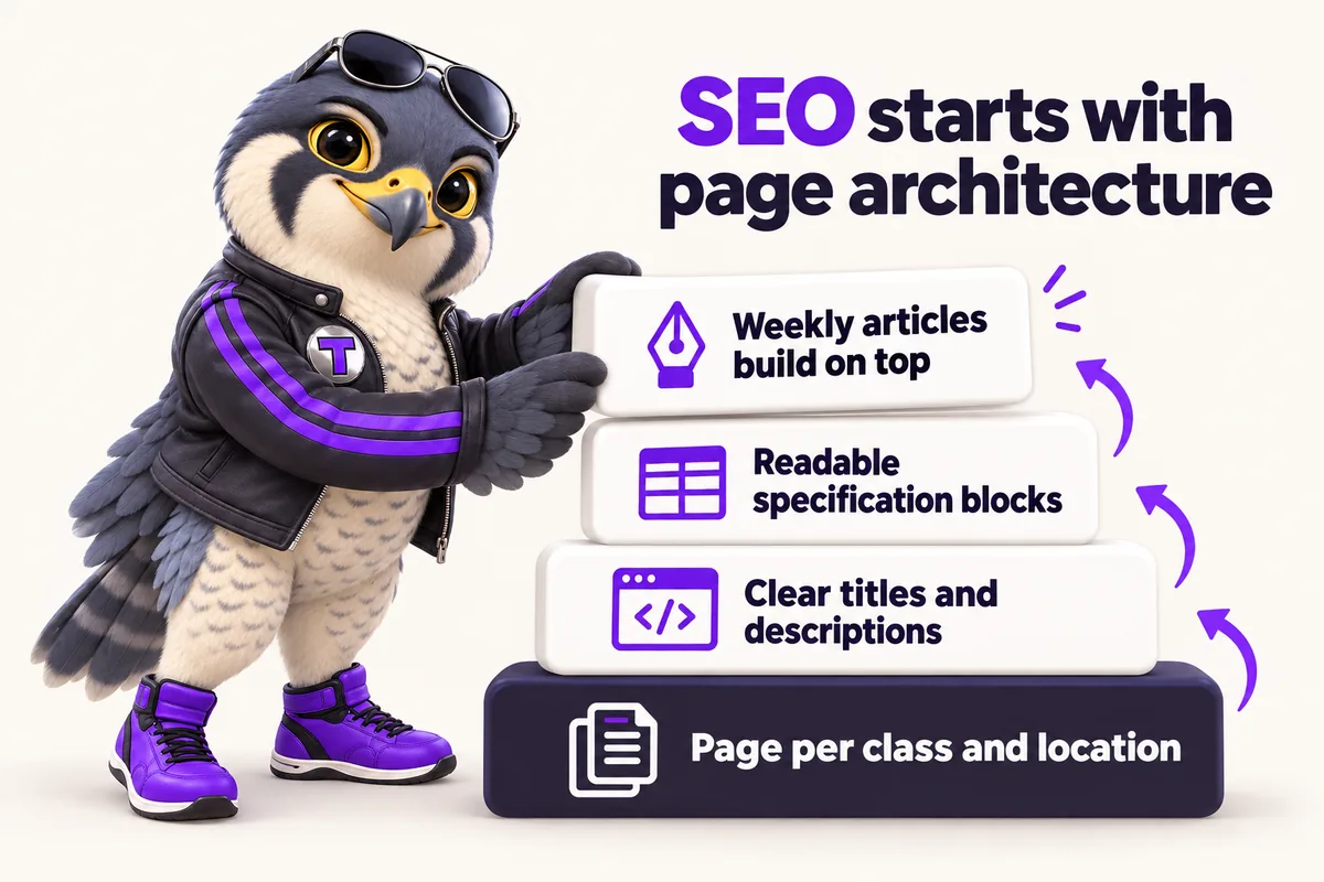 Infographic with Tarmac, the RentalWebStudio falcon mascot: SEO starts with page architecture. Foundation: Page per class and location. Clear titles and descriptions. Readable specification blocks. Weekly articles build on top.