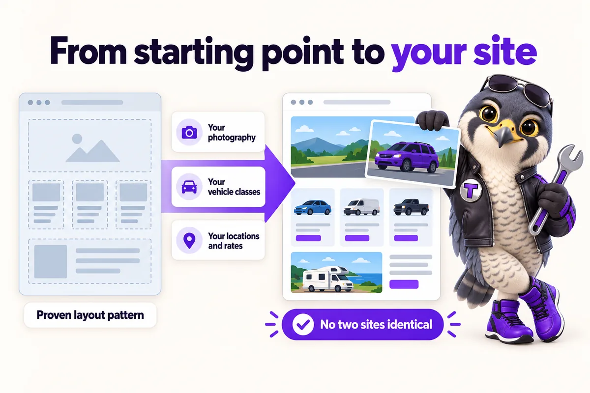 Infographic with Tarmac, the RentalWebStudio falcon mascot: From starting point to your site. Proven layout pattern. Your photography. Your vehicle classes. Your locations and rates. No two sites identical.