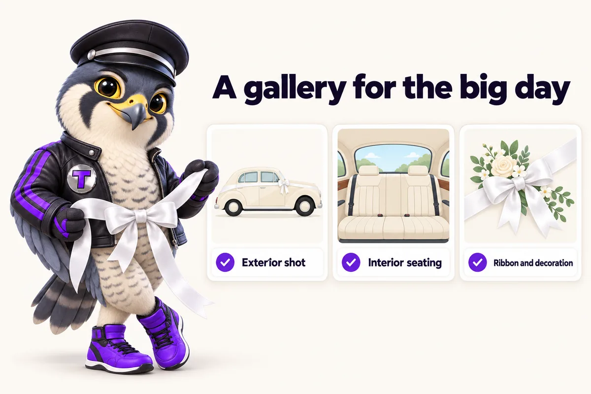 Infographic with Tarmac, the RentalWebStudio falcon mascot: A gallery for the big day. Exterior shot. Interior seating. Ribbon and decoration.