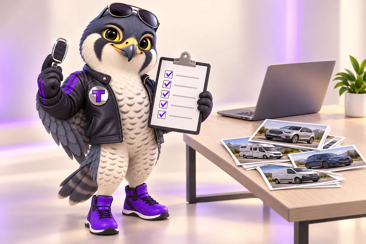 Tarmac, the falcon mascot, holding up a ticked checklist on a clipboard beside a desk with a laptop and a pile of printed vehicle photos.